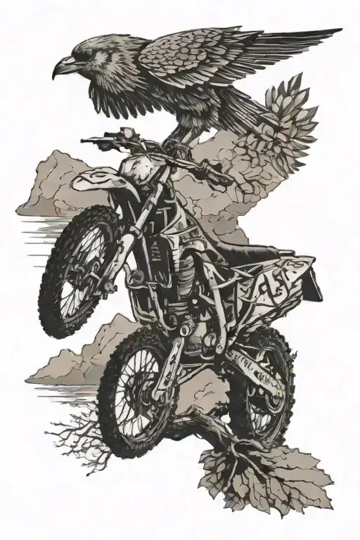 Mountains With 3 Birds Flying With Old Dirtbike Parked On A Tree