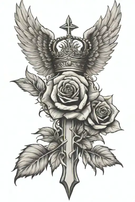 Christian Cross With The Crown Of Christ With Wings And A Rose