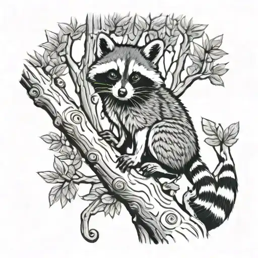 Raccoon In Tree With Hound Dog At Bottom