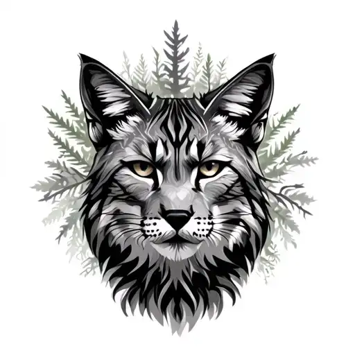 Lynx Face In Forest Blended Together