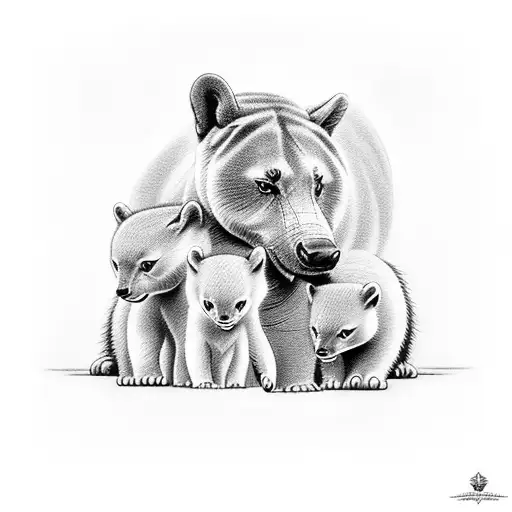 A Heartwarming Tattoo Depicting A Mother And Her Two Cubs In A Playful Moment