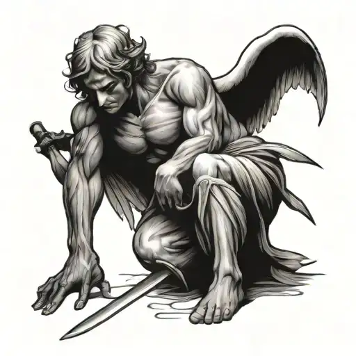 Crying Angel Hug Knee Sitting While Holding A Sword Upward