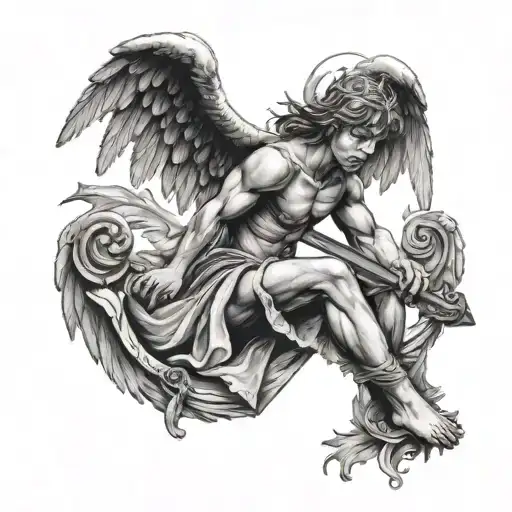 Realism Crying Angel Knee Hug Sitting While Holding A Sword Upward With The Eye Of Icarus