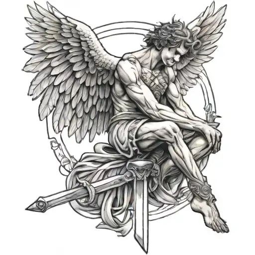 Realism Crying Icarus Angel Knee Hug Sitting While Holding A Sword Upward