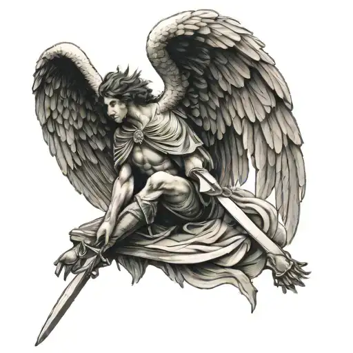 Realism Crying Icarus Angel Knee Hug Sitting While Holding A Sword Pointing Upward Upward