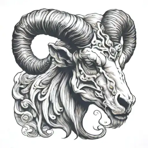 A Ram's Skull With Horns On The Chest That Extend Onto The Neck