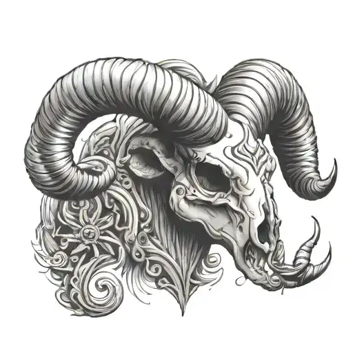 Ram Skull On Chest With Long Horns That Go Onto Neck