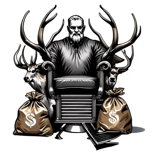 A Barber's Chair Surrounded By Hunting Trophies And Money Bags