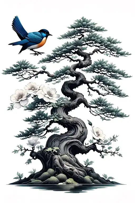 Bonsai Tree And Japanese Bird And Flowers