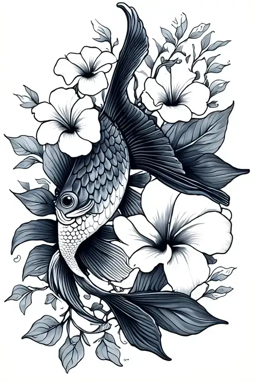 Pisces Coy Fish With Hibiscus Flowers Blooming