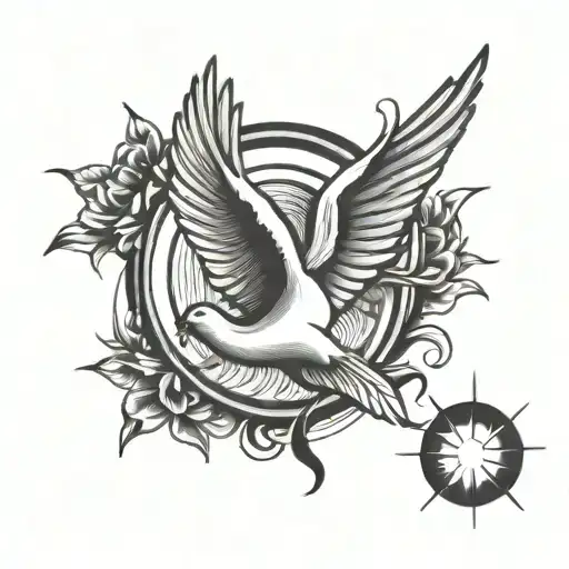 Script And Dove Flying Towards The Sun Symbol