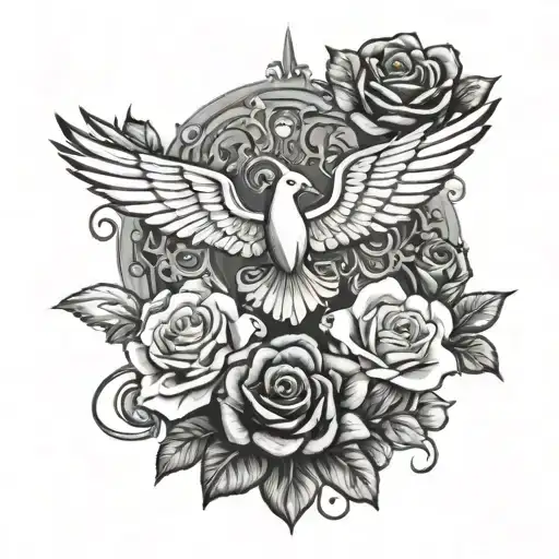 Fleur De Lis With Roses And Dove Flying Up To The Sun