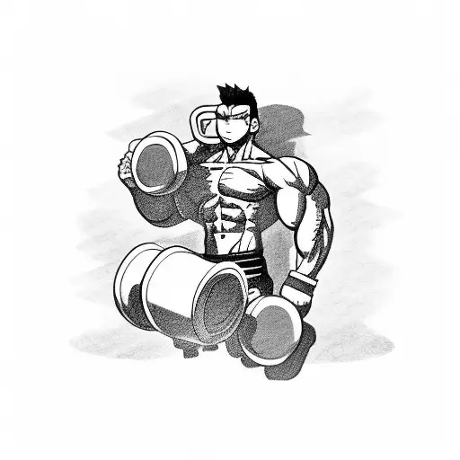 A Muscular Anime Character Lifting Weights With A Coffee Mug In Hand