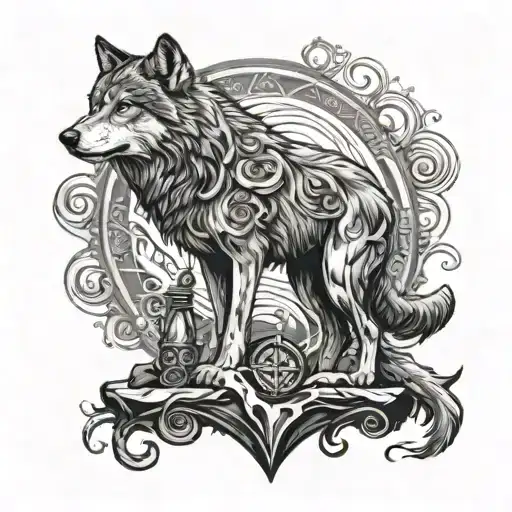 Wolf Standing On Rock With An Hourglass Filled With Swirling