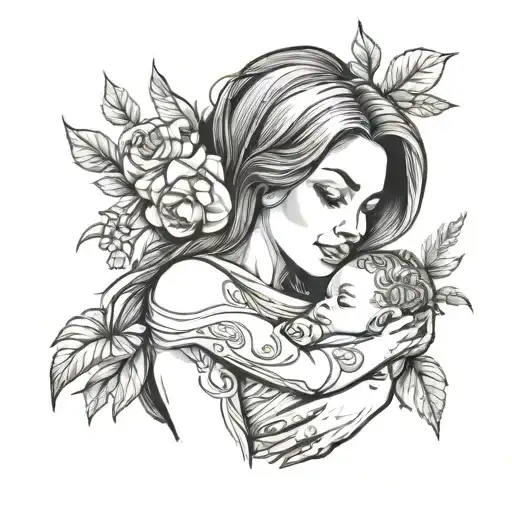 Line Drawing Style Mother Holding Baby Son