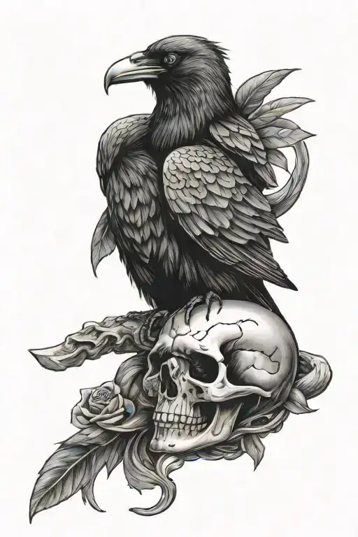 Raven Sitting On Skull With Snake Crawling Through The Skull