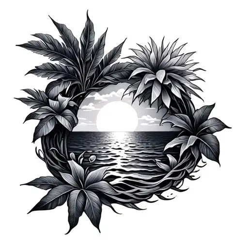 Sunshine With Ocean And Tropical Plants Intertwined