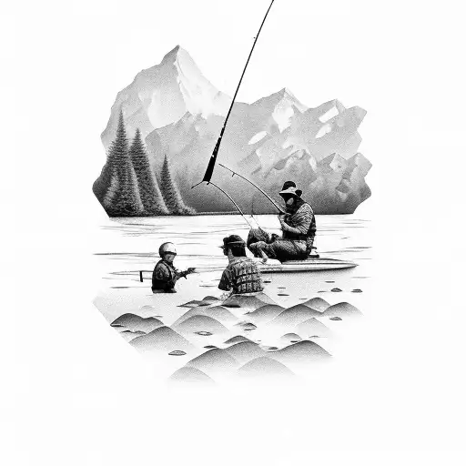 A Black-grey Tattoo Depicting A Fishing Trip With Your Family