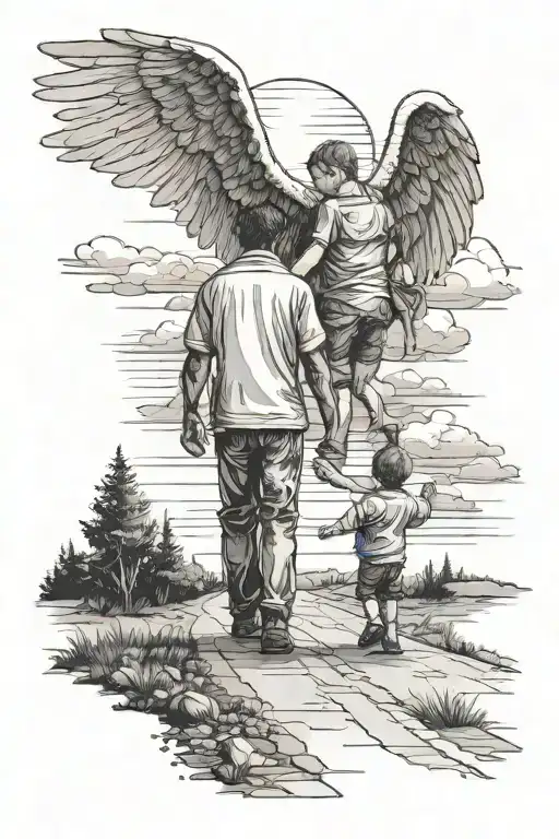 Father And Son Holding Hands Walking A Road To The Sunset It A Baby Angel Flying