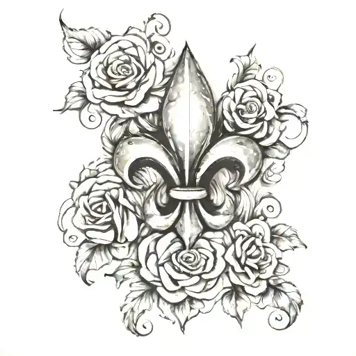 Fleur De Lis Surrounded By Roses In Watercolor