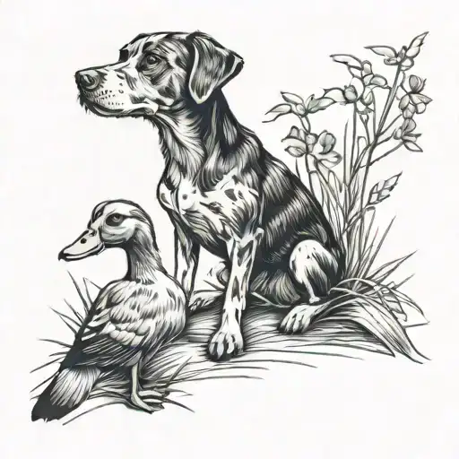 Marsh With Dog Holding A Duck Sitting Cross Behind Them