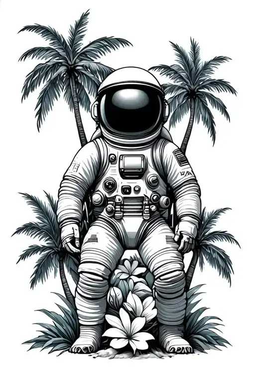 Astronaut With Palm Trees And Hawaiian Flowers
