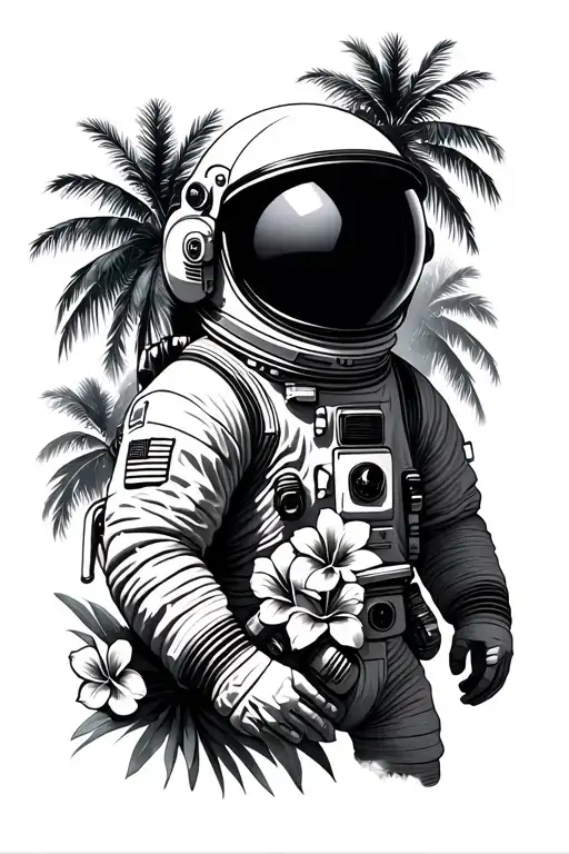 Astronaut From Waist Up With Palm Trees And Hawaiian Flowers