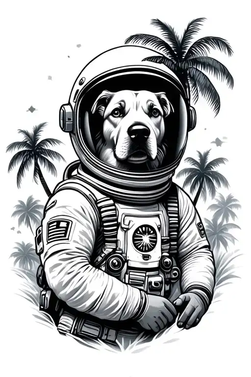 Astronaut With Dog Face In Helmet And Palm Trees
