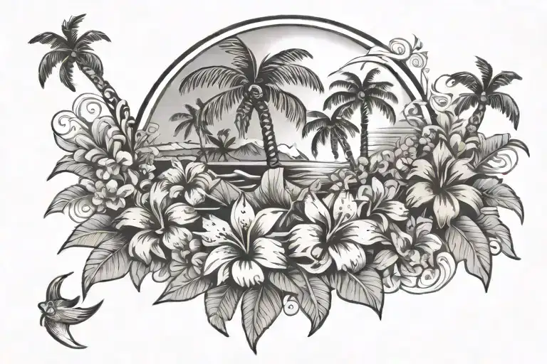 Hawaiian Theme With Flowers And Palm Trees And Sun Set