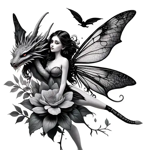 Fairy With Flower And Dragon Fly Away