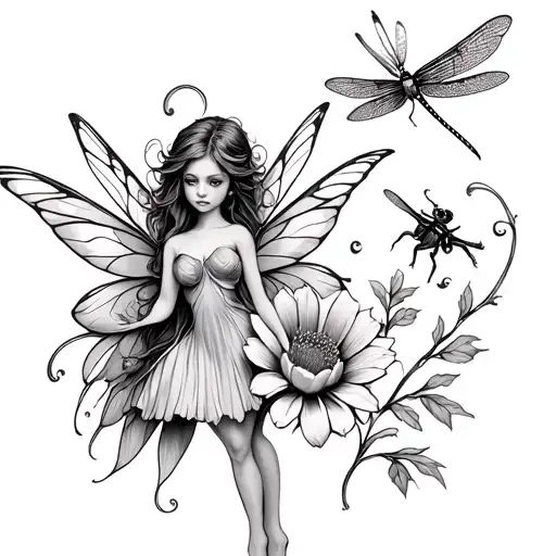 Fairy With Flower And Dragonfly Away Make Friends