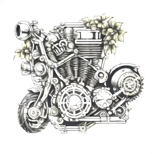 A Detailed Close-up Of A Motorcycle Engine With Nature Elements Intertwined