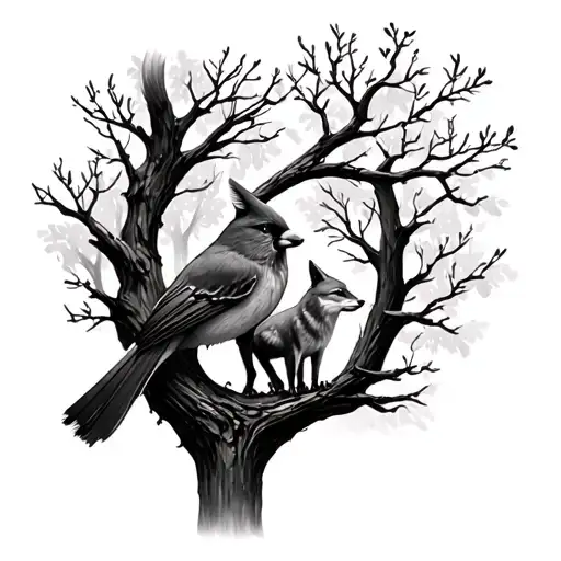 Cardinal In Tree With Fox In Forest