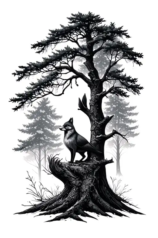 Cardinal In Tree With Fox In Forest