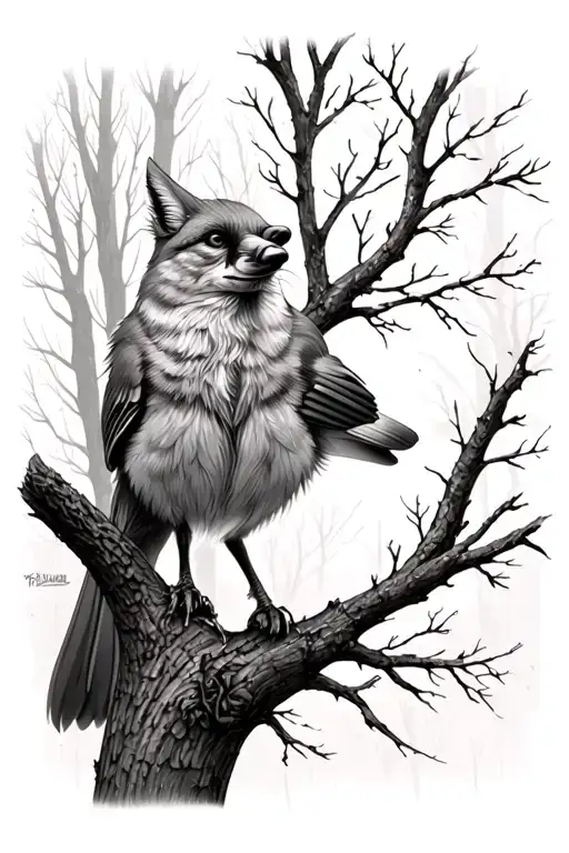 Cardinal In Tree With Fox In Forest