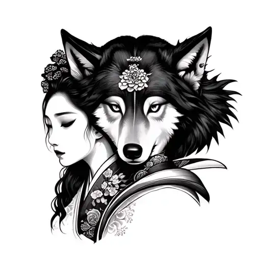 Geisha With Wolf Japanese Style