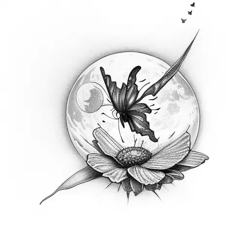 Butterfly Flowers And The Moon On Flying Down Leg
