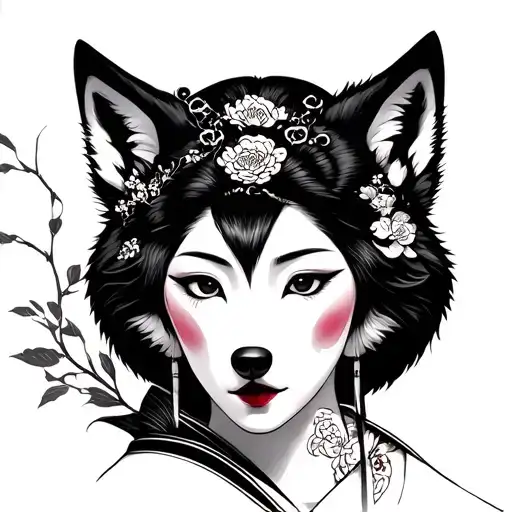 Geisha With Wolf Japanese Style