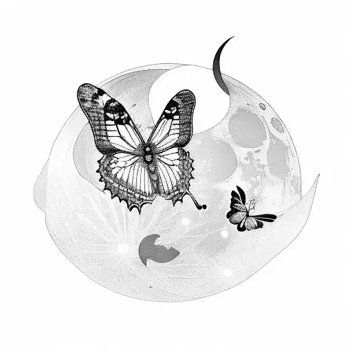 Butterflies Flying Around Flowers With The Moon At The Top