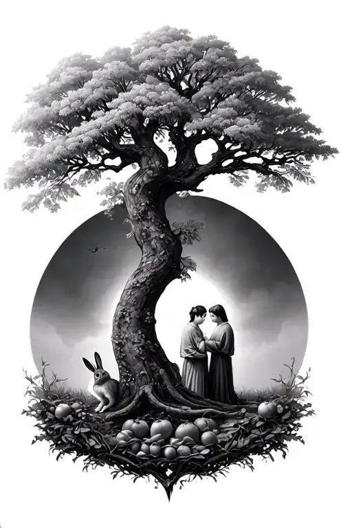 A Willow Tree With Two People Beneath It With A Rabbit And A Pale Of Fruit
