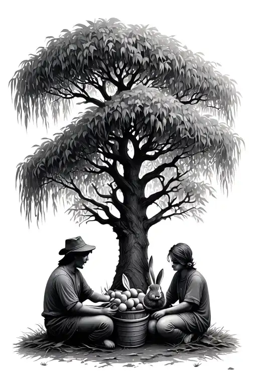 A Willow Tree With Two People Sitting Beneath It With A Rabbit And A Bucket Of Fruit