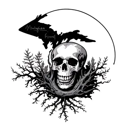 Skull And Outline Of Michigan And Roots Reaching Deep