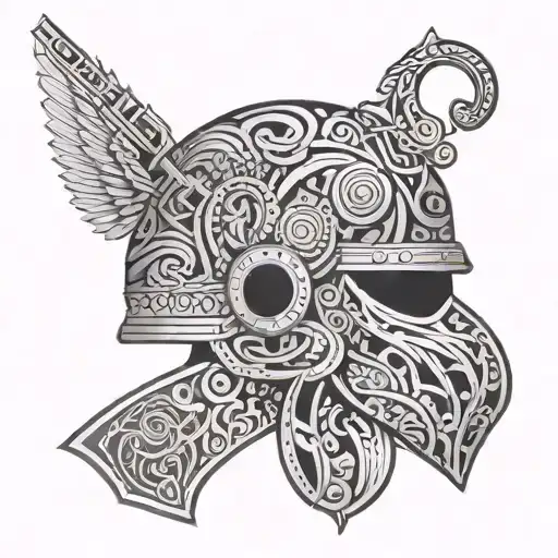 An Intricate Design Of A Military Helmet Adorned With Intricate Patterns And Gun Motifs