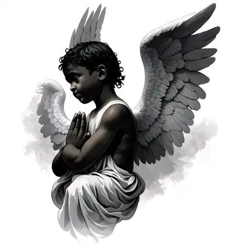 African American Angel Boy Praying Looking Sideways