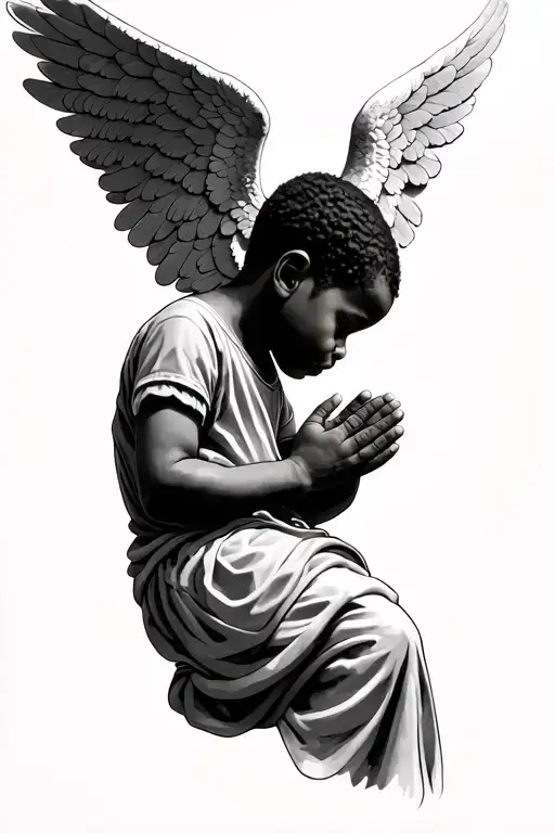 Realistic African American Angel Boy From The Hood Praying Looking Sideways