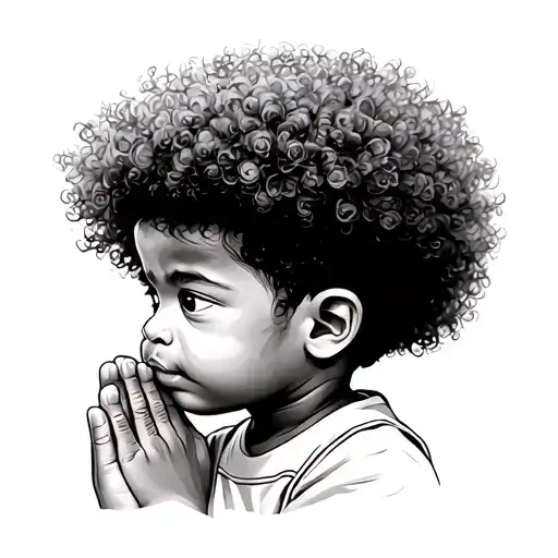 African American Little Boy With A Mini Afro Praying Looking Sideways