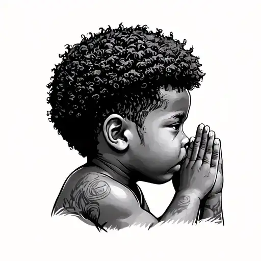 African American Young Boy With A Nappy Mini Afro Praying Looking Sideways