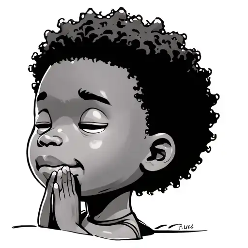 Cartoon African American Young Boy With A Nappy Mini Afro Praying Looking Sideways With Eyes Closed