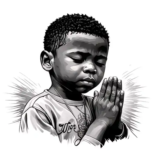 African American Young Boy Praying With Eyes Closed Looking Right Side