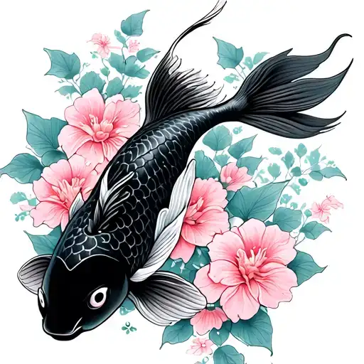 Japanese Koi Fish With Pink Flowers